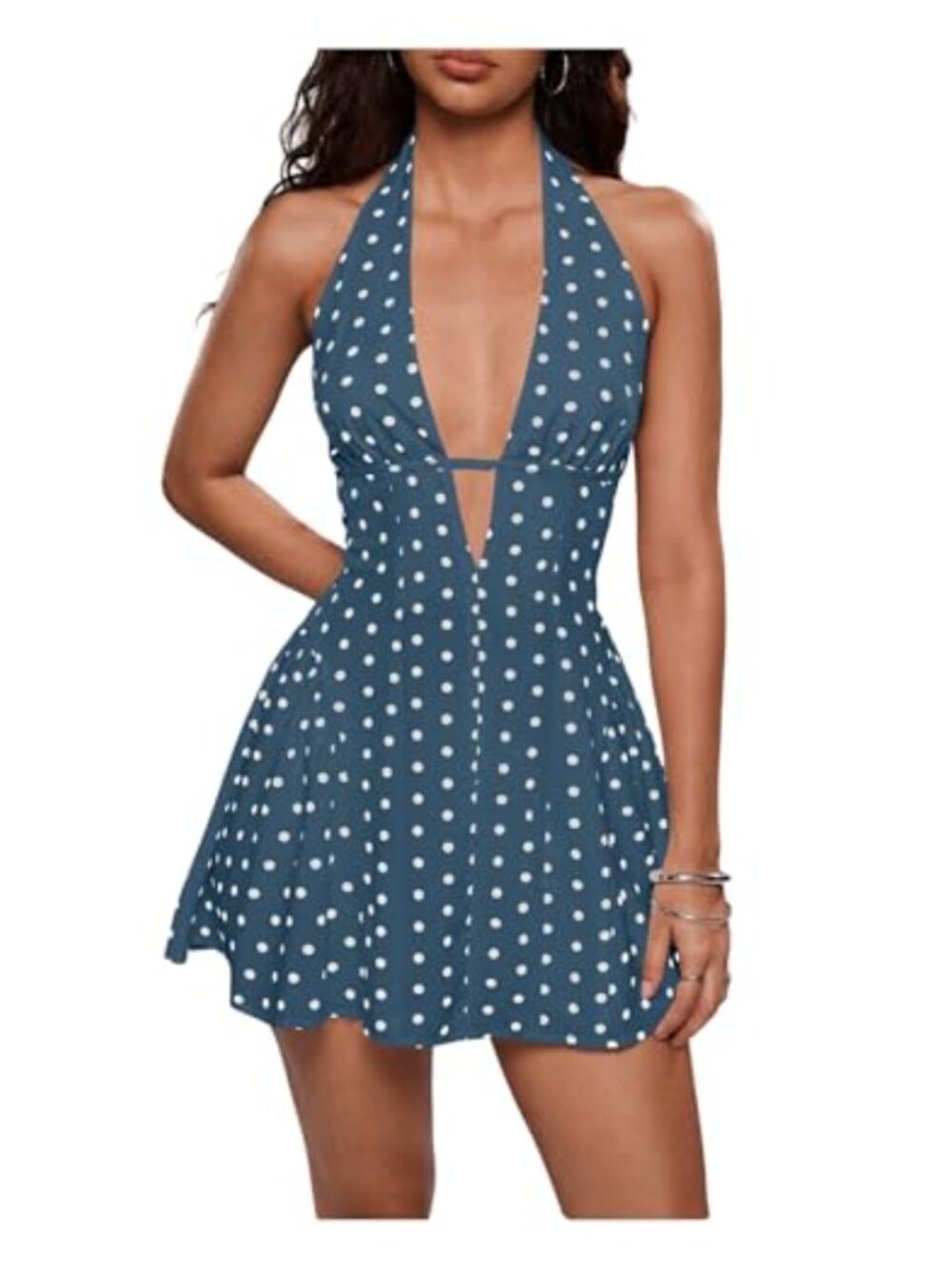 Sleeveless Halter Mini Dress with Ruffle Hem and Polka Dots